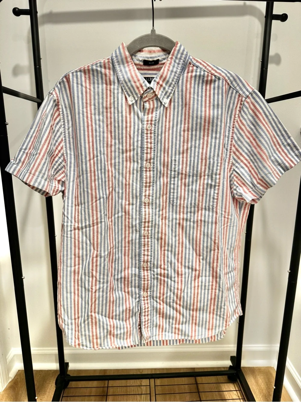 J. Crew Short-Sleeve Button-Down Shirt in Red, Blue & White Stripes